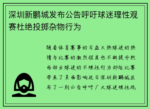 深圳新鹏城发布公告呼吁球迷理性观赛杜绝投掷杂物行为